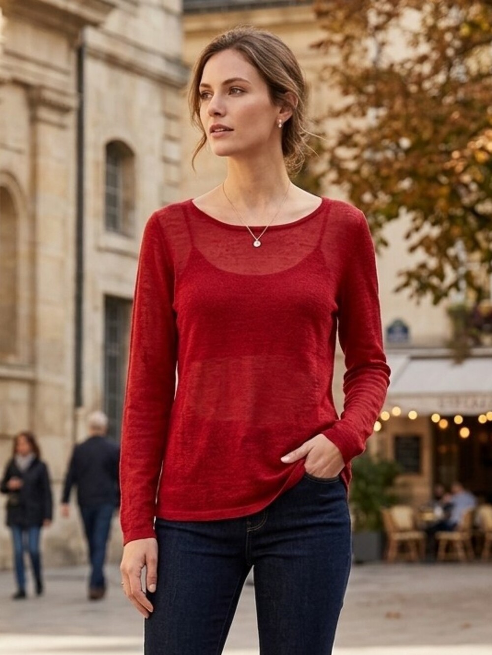 Laura Women's Red Quiet Luxury Semi Sheer Wool-Blend Scoop Neck Sweater Size M